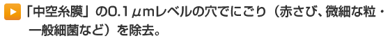 「中空糸膜」の0.1μmレベルの穴でにごり（赤さび、微細な粒子・一般細菌など）を除去。
