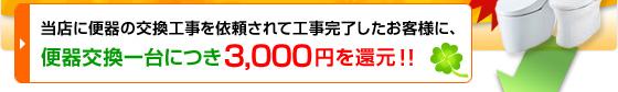当店に便器の交換工事を依頼されて工事完了したお客様に、便器交換一台につき3,000円を還元！！