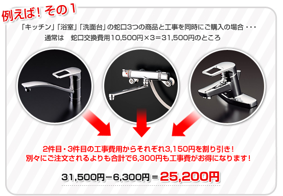 おまとめ工事割引例1 例えば3つの商品と工事を同時にご購入の場合、2台目・3台目の工事費用からそれぞれ3,150円を割り引き！別々にご注文されるよりも合計で6,300円も工事費がお得になります！