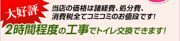 工事価格は諸経費、処分費、消費税全てコミ！2時間程度の工事でトイレ交換できます。