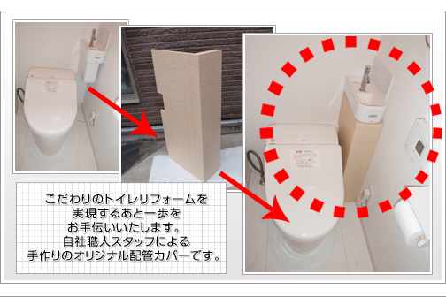 こだわりのトイレリフォームを実現するあと一歩をお手伝いいたします。自社職人スタッフによる手作りのオリジナル配管カバーです。