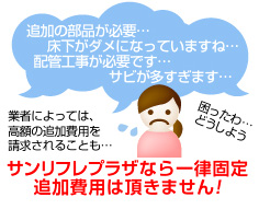 追加の部品が必要…床下がダメになっていますね…配管工事が必要です…さびが多すぎます… サンリフレプラザなら一律固定追加費用は頂きません!