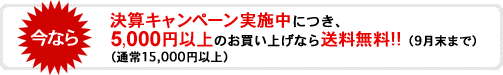今なら5,000円以上のお買い物で送料無料！（通常15,000円以上）決算キャンペーン実施中！9月末まで