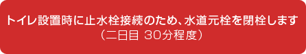 トイレ設置時に止水栓接続のため、水道元栓を開栓します(二日目30分程度)