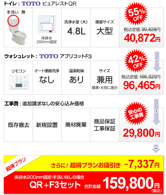 トイレTOTOピュアレストQR+アプリコットF3+工事