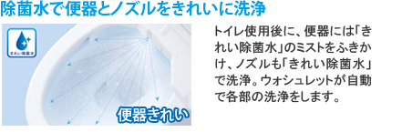 またトイレ使用後にノズルと便器ボウルにきれい除菌水を吹きかけ自動洗浄し清潔を保ちます