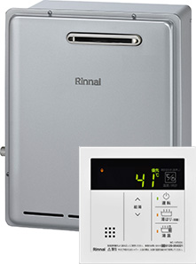 Rinnai 戸建てガス給湯器の交換費用｜ RUX-E1616G(A) ＋ MC-145V(A)｜工事費込みセットが安い｜リンナイ 給湯専用給湯器 [エコジョーズ][屋外据置型][16号][RUX-Eシリーズ][BL認定品][W458×H596×D210mm][シャイニーシルバー]