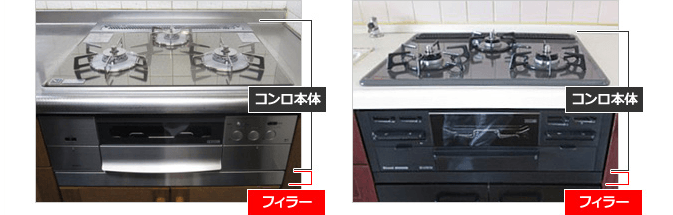 既存のコンロと、新たに設置したビルトインガスコンロとで、本体の高さが異なる場合、フィラーという板を使用して、その隙間を埋めます。