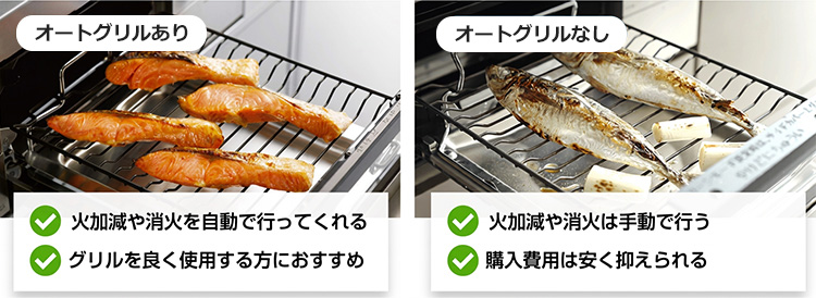 ベーシックグレードのガスコンロは大きく「オートグリルのありなし」で2タイプに分けられます