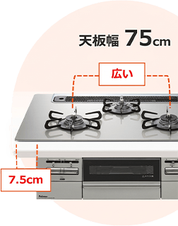 天板幅75cmは左右バーナー間隔が広く、調理スペースが広くなる