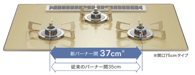 バーナー間が広くなりフライパンや鍋がぶつかりにくくなりました