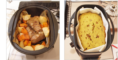 ダッチオーブンで作った鶏肉のハーブ焼き、和栗と黒糖の抹茶ケーキ