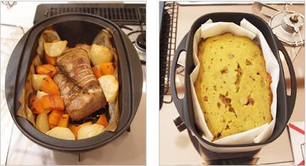 ダッチオーブンで作った鶏肉のハーブ焼き、和栗と黒糖の抹茶ケーキ
