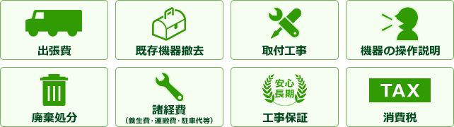 出張費、既存機器廃棄、取付工事、機器の操作説明、廃棄処分、諸経費(養生費、運搬費、駐車代など)、工事保証、消費税
