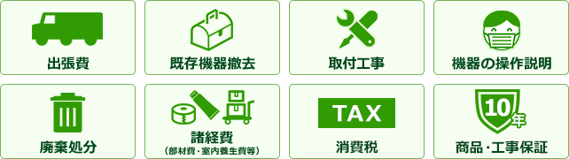 出張費、既存機器廃棄、取付工事、機器の操作説明、廃棄処分、諸経費(部材費・養生費・駐車代等)、工事保証、消費税