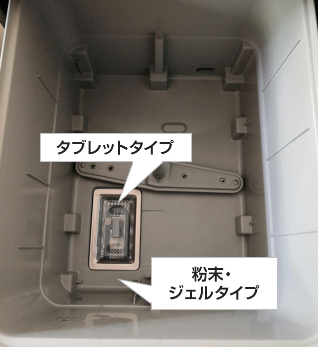 食洗機洗剤の投入口は残さいフィルター部分にあります｜三菱のミドルタイプ食洗機