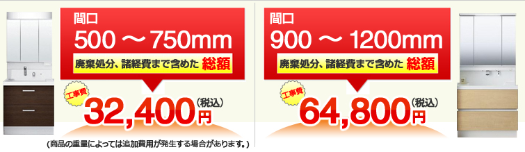 洗面化粧台間口幅別工事費