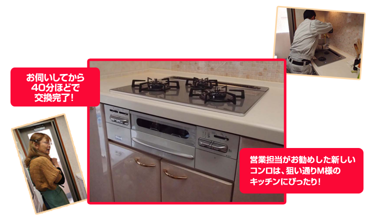 お伺いしてから40分ほどで交換完了! 営業担当がお勧めし新しいコンロは、狙い通りM様のキッチンにぴったり!
