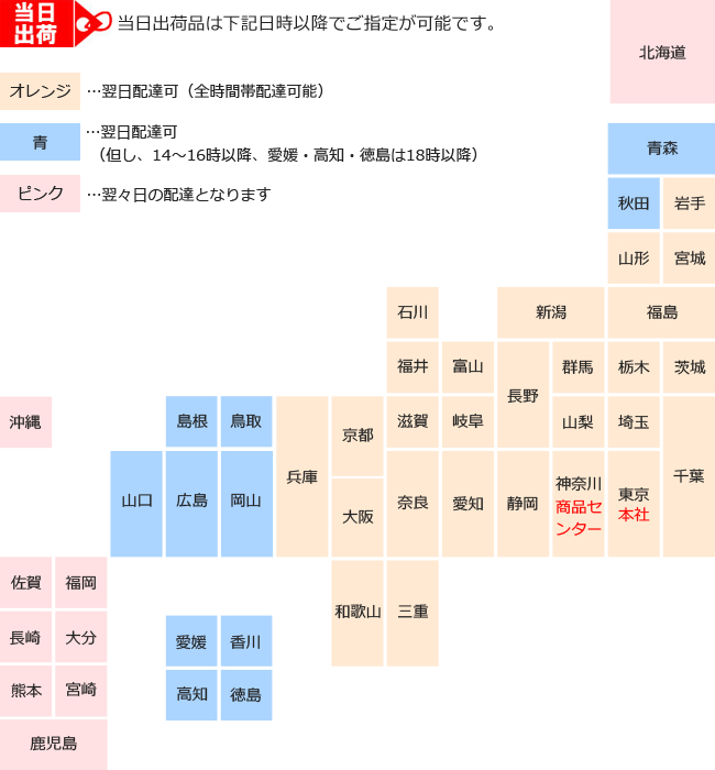 当日出荷品の最短お届け日表