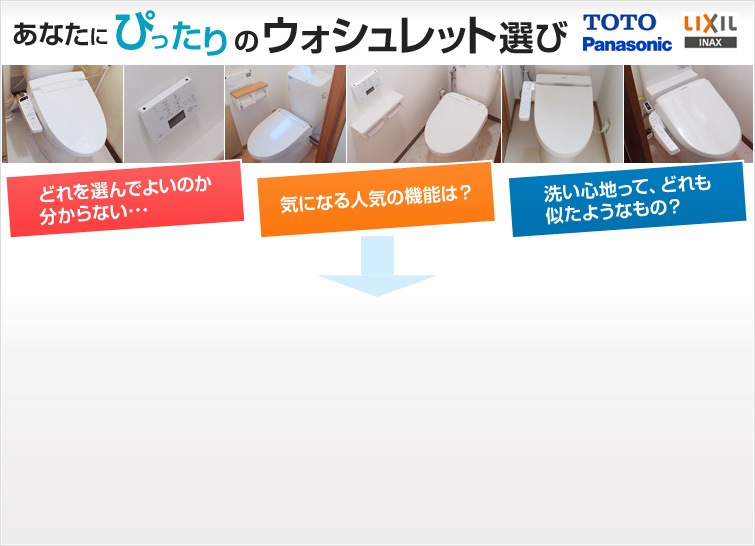 あなたにぴったりのウォシュレット選び TOTO Panasonic Lixil(inax) どれを選んでよいのか分からない… 気になる人気の機能は? 洗い心地ってどれも似たようなもの?