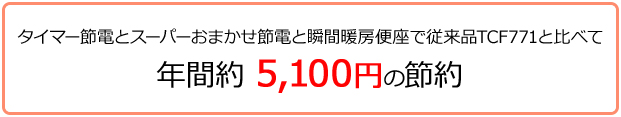 タイマー節電とスーパーおまかせ節電と瞬間暖房便座で従来品TCF771と比べて年間約5,300円の節約