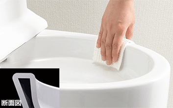 フチレス形状の便器と断面図