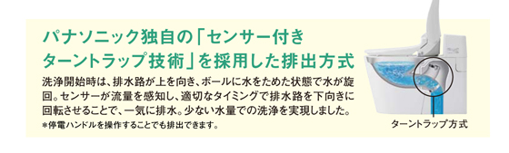パナソニック独自のセンサー付きターントラップ技術を採用した排出方式ですきない水量での洗浄を実現!