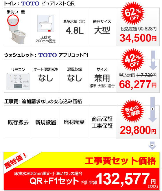 トイレTOTOピュアレストQR+アプリコットF1+工事