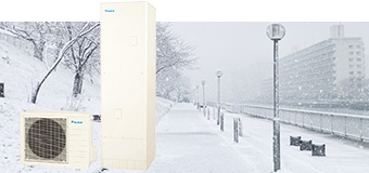 寒冷地仕様なら-25℃の地域でもご使用いただけます。(-25℃を下回る地域ではご使用いただけません)ヒートポンプユニットは-25℃まで設置可能。貯湯ユニットは-20℃以下では、屋内に設置する必要があります|ダイキンエコキュートの機能