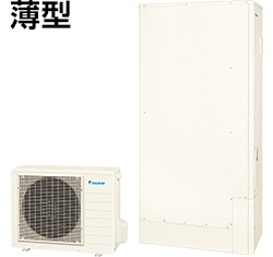 薄型エコキュートは狭小スペースへ設置されていることがほとんどのため、工事前に搬出・搬入の経路、電気配線・排水配管位置、故障時の点検スペースがあるかのため現地調査が必要になります。薄型には寒冷地仕様はありませんが塩害仕様対応品はあります|エコキュート薄型の特長