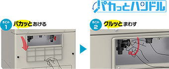 パカっとハンドルは屋外にある貯湯タンクの脚部カバーに点検口(取水口)が設けられている機能で非常時に簡単に水を取り出せます|三菱エコキュートの機能