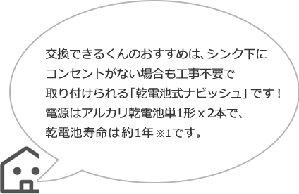 交換できるくんのおすすめは、シンク下にコンセントがない場合も工事不要で取り付けられる「乾電池式ナビッシュ」です!電源はアルカリ乾電池単1形x2本で、乾電池寿命は約1年※1です