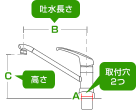 吐水(スパウト)長さと高さの寸法|ツーホール蛇口の規格について