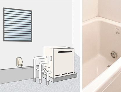 戸建て屋外の床に設置されていて追い焚き配管が1本のみ接続|据置タイプ給湯器の設置例