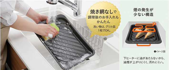 網焼きなしのグリル皿タイプでお手入れが簡単・煙の発生も少ない|パナソニックIHクッキングヒーターの特長・ベーシックグレード